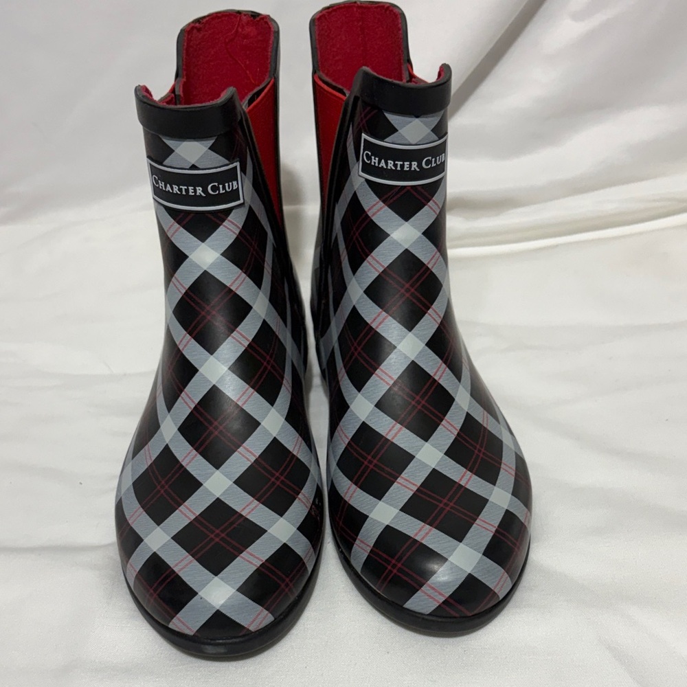 Charter Club Women's Cloudburst CollectionPlaid Rain Boots - Black, Red, White